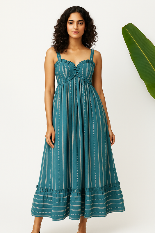 TEAL PIN STRIPPED MAXI DRESS