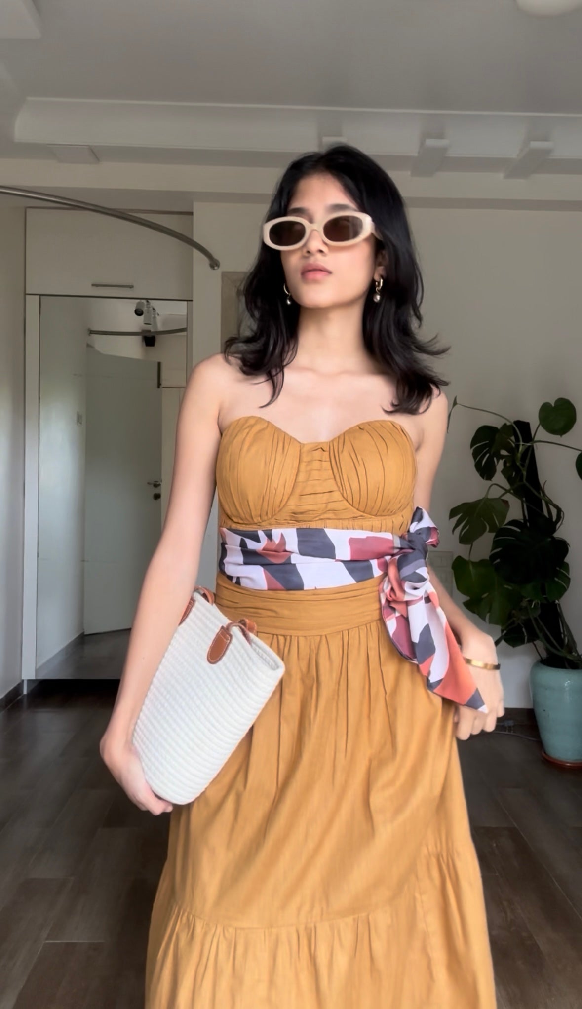 Strapless Camel Midi Dress