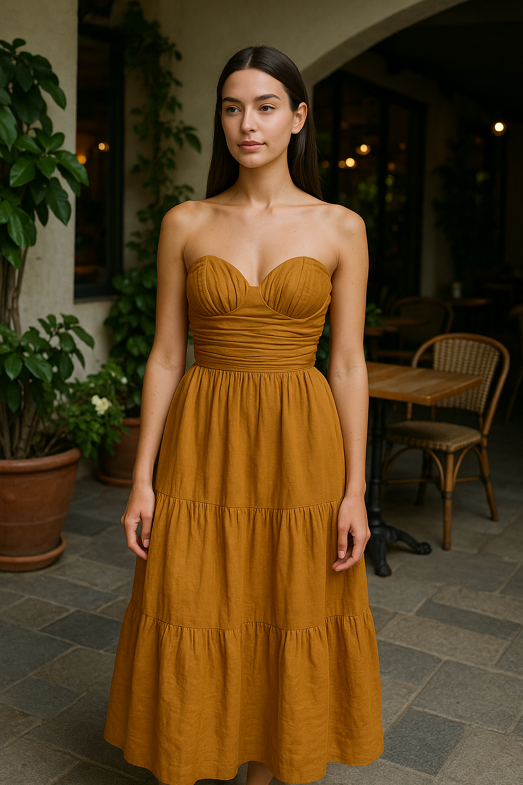 Strapless Camel Midi Dress